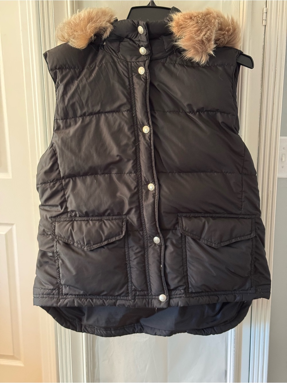 J. Crew Black Puffer Down Vest with Faux-Fur Trimmed Removable Hood Size XL